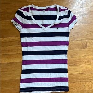 Tommy Hilfiger Women's Short Sleeve Striped Tee - Purple, White, and Navy